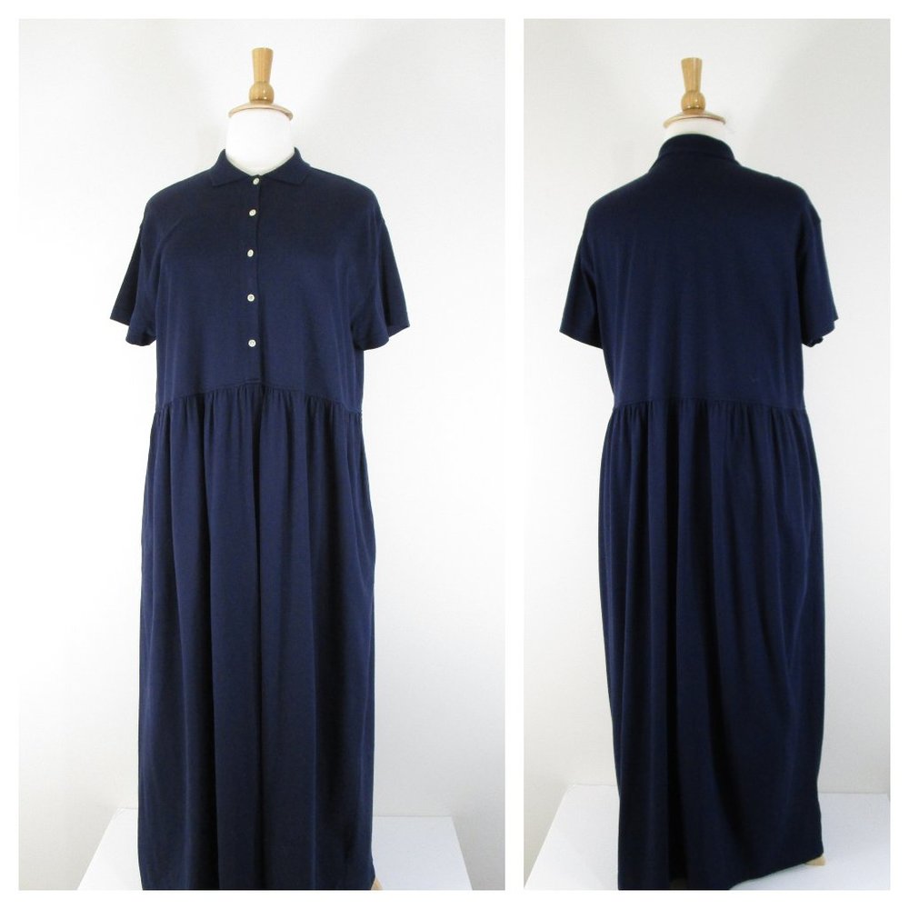 Eddie Bauer Plus Size Solid Navy Polo Maxi Shirt Dress XXL